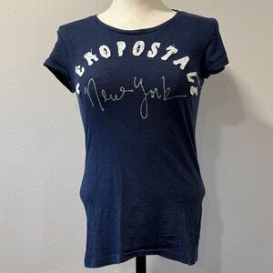 Aeropostale Womens Blue Glitter New York Graphic Tee Short Sleeve Top Size Med